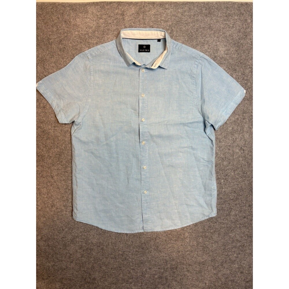 Vustra Shirt Mens Light Blue Linen Blend Short Sleeve Large Button Up